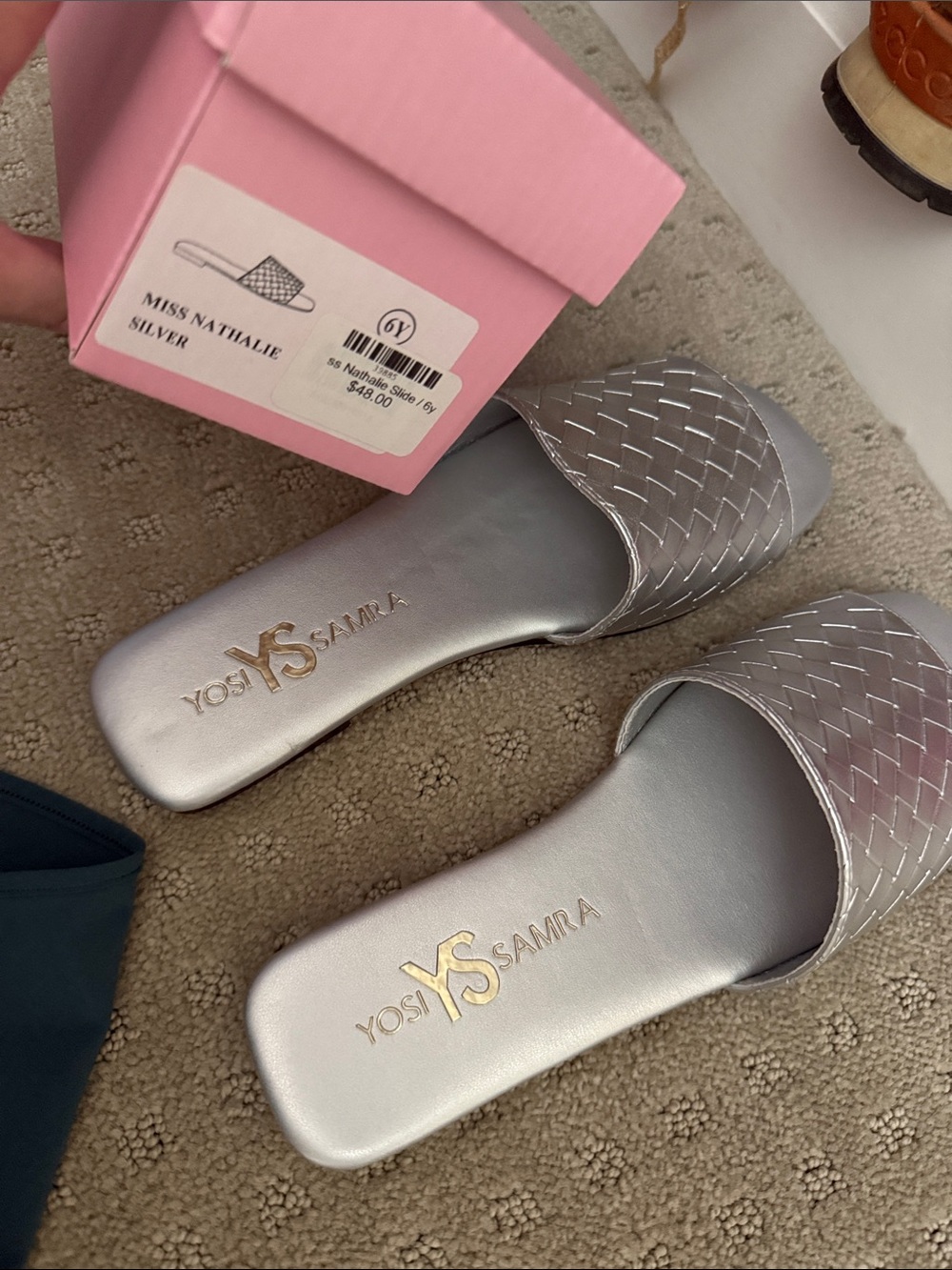 Yosi Samra Silver Woven Slide Sandals